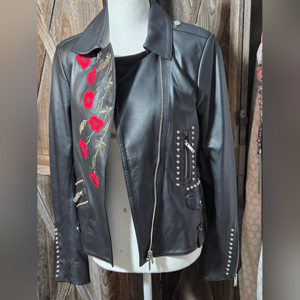 NWT Alberotanza black  leather moto jacket with red rose floral embroidery